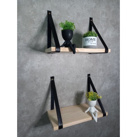 Kit 3 Prateleiras de Pinus - Alça de Couro 40 X19cm:preto