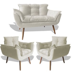 Conjunto Sofá Namoradeira Opala para Sala Estar Recepção + 2 Poltrona Cadeira Opala Decorativa - Sue