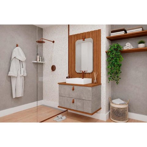 Bancada Banheiro c/Espelho Milano/Monet 80cm Cimento MGM