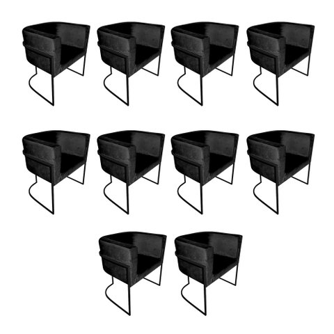 Kit 10 Poltronas Decorativa Sala de Estar Base de Ferro Preta Veludo Preto