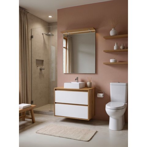 Gabinete para Banheiro com Cuba e Espelheira com Led 80cm Mdf Freijo com Branco Dubai - On Móveis