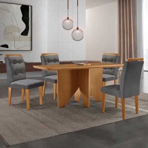 Mesa de Jantar Evora 120cm Mdf Canto Copo e 4 Cadeiras Carol