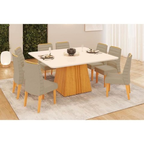 Conjunto: Mesa Sala Jantar Itália C/ Tampo Madeirado C/ Vidro Curvo 136x136cm e 8 Cadeiras Ondina