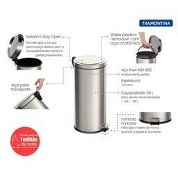 Lixeira Inox com Pedal Tramontina Brasil Polido com Balde Interno Removível 30l 94538130 - 7