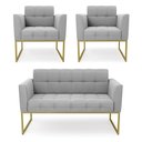 Ver imagem 1 de Kit 1 Sofá Namoradeira e 2 Poltronas Elisa Suede Cinza Base Metálica Industrial Dourada - D'Rossi