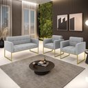 Ver imagem 2 de Kit 1 Sofá Namoradeira e 2 Poltronas Elisa Suede Cinza Base Metálica Industrial Dourada - D'Rossi