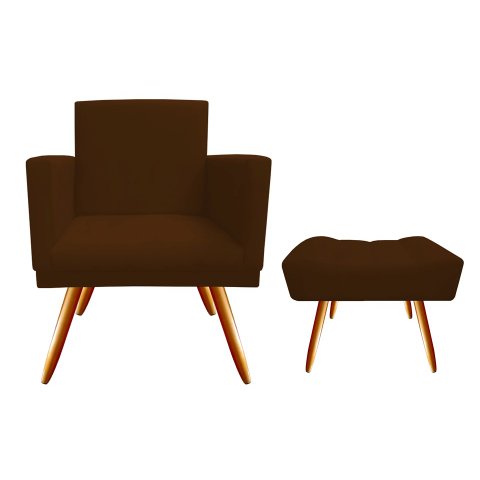 Kit Poltrona Decorativa Bia + Puff Retangular Suede Marrom Pés Madeira Ms Decor