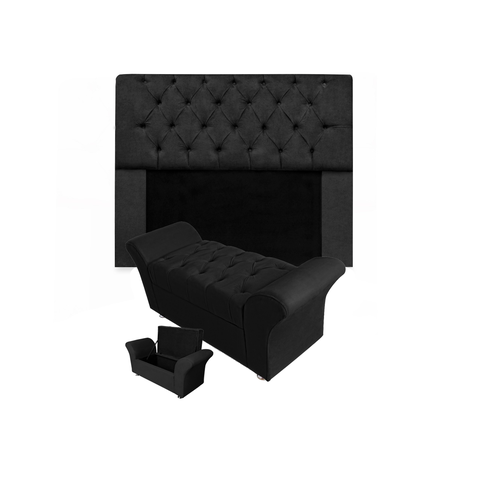 Jogo Cabeceira Mirage e Calçadeira Baú Veneza Casal 140 cm Suede Preto - LM DECOR