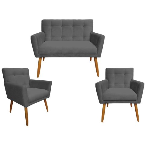 Kit Namoradeira + 2 Poltronas Decorativa Onix Suede Cinza Pés Madeira Ms Decor