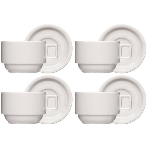 Jogo 4 Xícaras de Café com Pires 210ml Bar Hotel Germer em Porcelana Branca