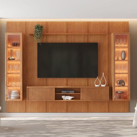 Rack Ripado Suspenso com Painel para TV com 2 Cristaleiras 100% MDF 231x250cm até 75 Polegadas