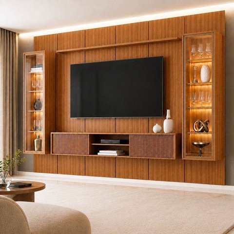 Rack Ripado Suspenso com Painel para TV com 2 Cristaleiras 100% MDF 231x250cm até 75 Polegadas