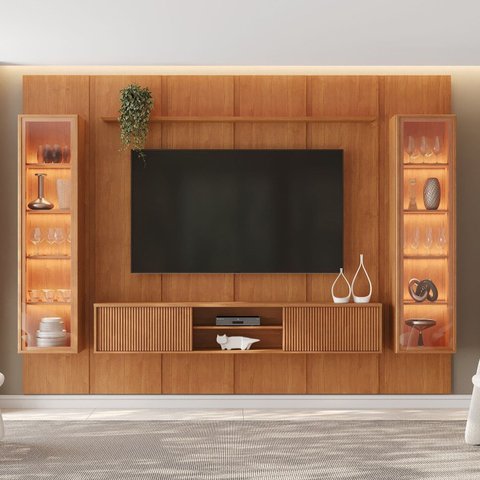 Rack com Painel e Cristaleira para TV até 75 Polegadas com LED e Vidro MDF 250CMX279CM Zeus Marrom