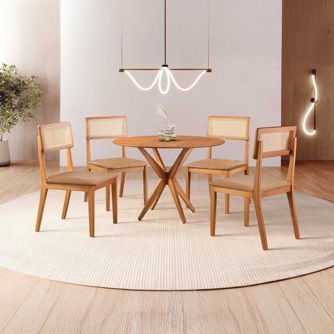 Conjunto de Sala de Jantar Mesa 100cm com 4 Cadeiras Ava Marrom/Caramelo/Freijó