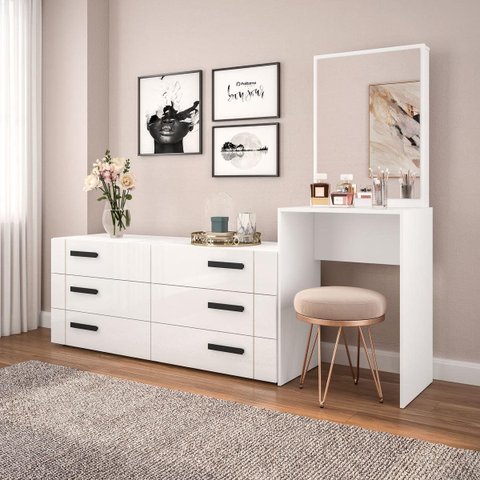 Cômoda Penteadeira Lisboa 6 Gavetas com Espelho 209x160cm Branco 250799