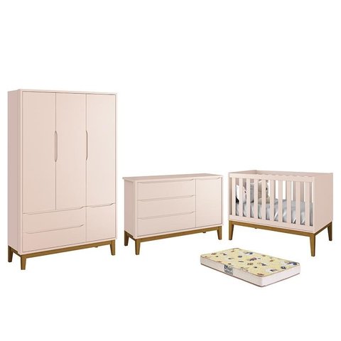 Dormitório Infantil Classic 3 Portas, Cômoda 1 Porta, Berço Rosa com Pés Amadeirado e Colchão D18 - 