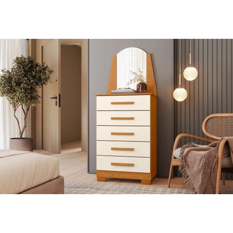 Cômoda Grande New Veneza 5 Gavetas com Espelho - Cinamomo Off White - Albatroz