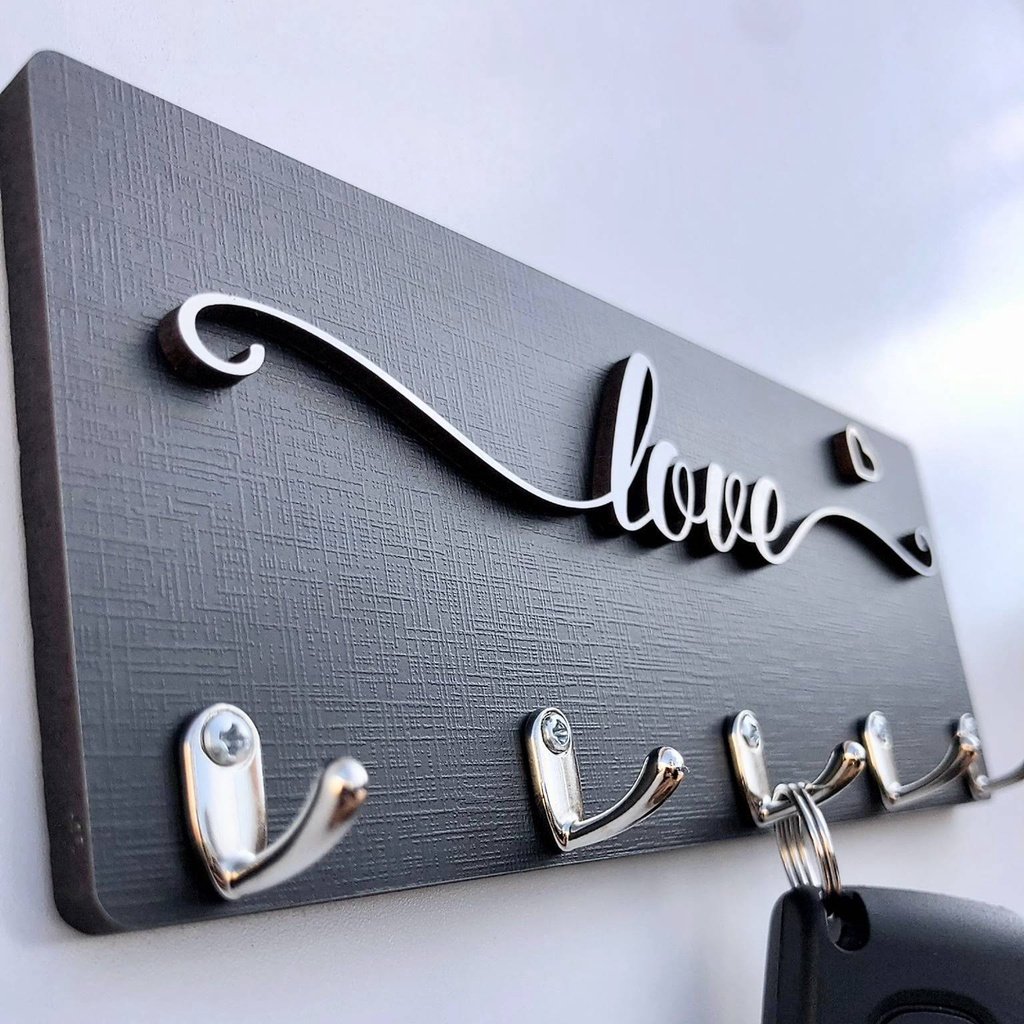 Porta Chave: Gratidão, Love ou Home - Suporte Decoração para Chaves com Fita Dupla Face Mdf Preto:lo