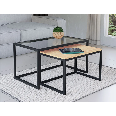 Conjunto Mesa de Centro Industrial 84cm e 80cm Aço Preto Duo Vidro Don Castro Decor Pinus