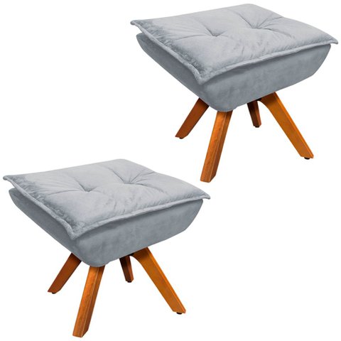 Kit 2 Puff's Decorativos Base Giratória em Madeira Charger Suede Cinza - Gran Belo