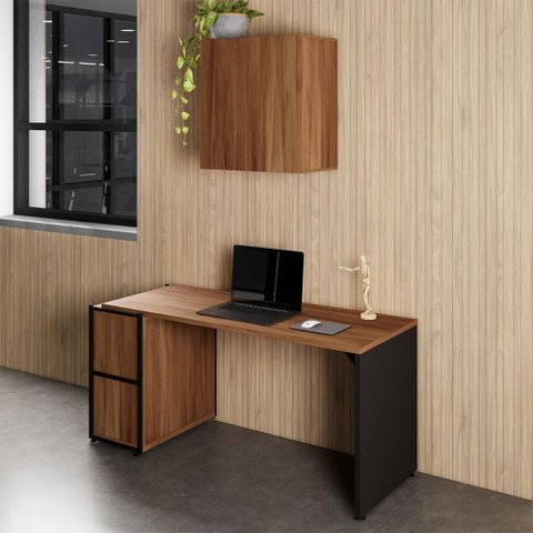 Mesa Escrivaninha 1,5m C/ Balcão e Armário Aéreo 2 Portas F5 Cor:nogal com Preto