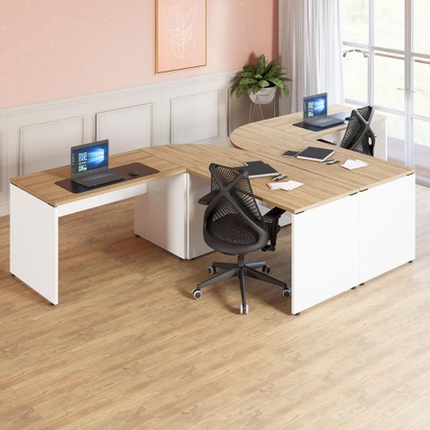Espaço de Trabalho em L P/ 2 Pessoas 120cm Pés Painel F5 Cor:macadâmia com Branco