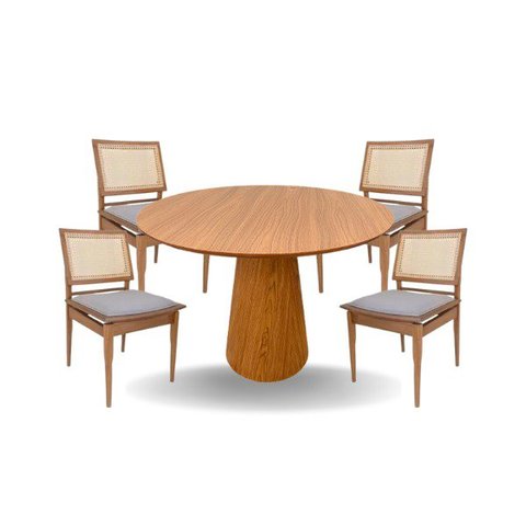 Conjunto Mesa de Jantar Cone 100 cm Freijó Com 4 Cadeiras Madeira Maciça Tela Sextavada e Assento Em