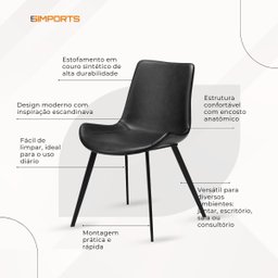 Cadeira de Jantar Basic Preta Couro Estofada - 7