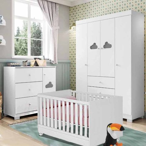 Quarto Infantil Completo Anne com Guarda-Roupa 4 Portas e Cômoda 1 Porta e 4 Gavetas e berço Branco