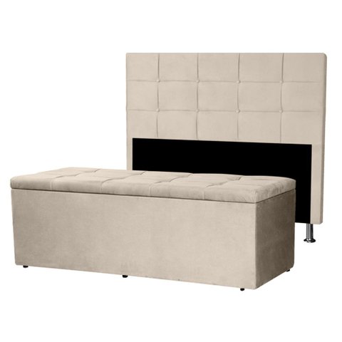 Kit Cabeceira e Calçadeira Baú Casal Queen 1,60m Roma Suede Bege Dal Poz Estofados