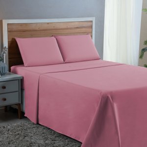 Kit Lençol Casal Padrão 100% Algodão Percal 300 Fios 4 Peças:rose