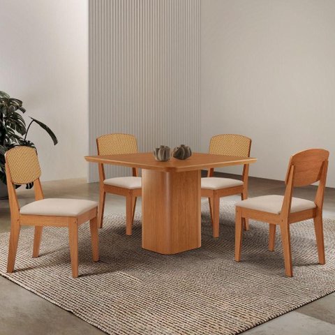 Mesa de Jantar Eloise 90cm Tampo Mdf 4 Cadeiras Moderna Veludo Creme/naturale