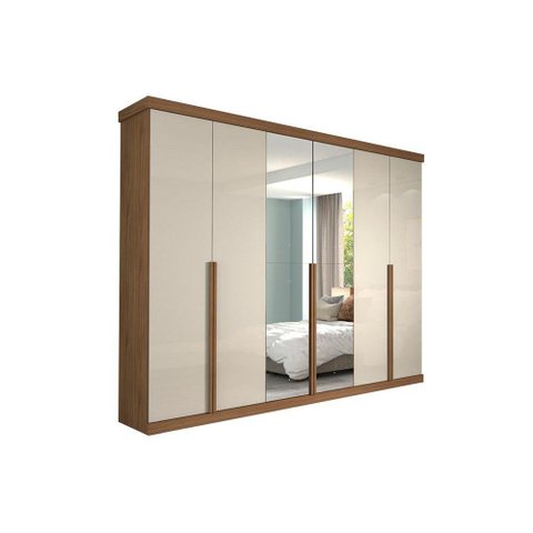 Guarda Roupa Casal 6 Portas e 6 Gavetas C/ Espelho Guarapari Avelã/off White - Panan