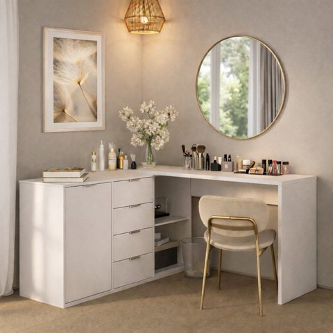 Penteadeira em L ou Extensível sem Espelho 4 Gavetas 1 Porta 2 Nichos Elegance Yescasa Branco