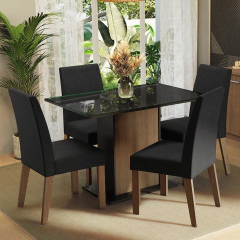 Conjunto Sala de Jantar Mesa Tampo de Vidro 4 Cadeiras Madesa