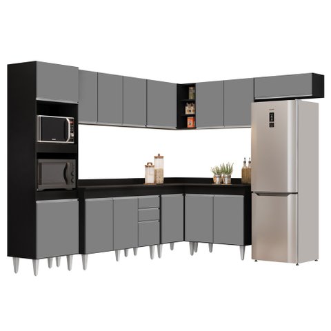 Armário de Cozinha Modulada de Canto 8 Peças CP02 Balcão com Tampo Preto/Cinza - Lumil Lumil Móveis