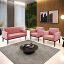 Ver imagem 2 de Conjunto 2 Poltronas e 1 Namoradeira Decorativa Isabella Pés Fixo em Madeira Preto Suede Rose G19 -