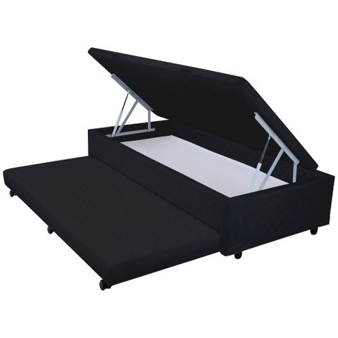 Cama Box Baú Solteiro com Auxiliar Espuma Suede Preto 56x88x188