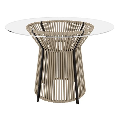 Mesa de Jantar Redonda 4 Lugares Tampo de Vidro Valencia Bege/Preto/Rami