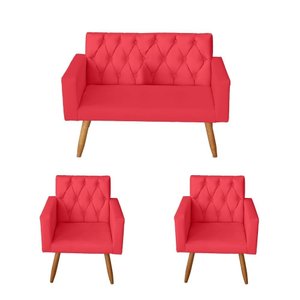 Kit Sofá 2 Lugares e 2 Poltrona Para Sala Bianca Capitonê Suede Vermelho - Móveis Mafer