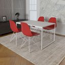 Ver imagem 1 de Mesa Industrial Base Ferro Branco 137x90 Tampo Branco 4 Cadeiras Eiffel Ferro Branco Assento Vermelh