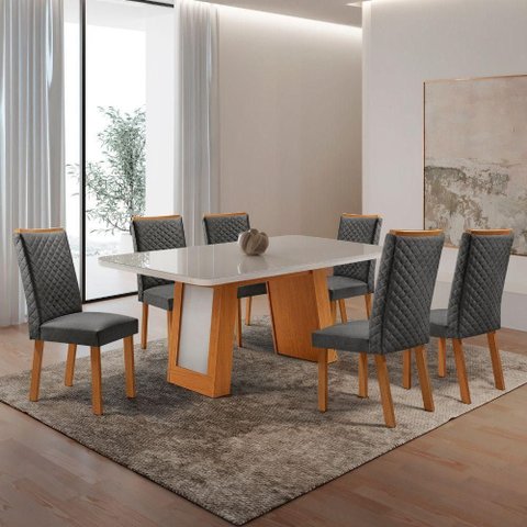 Conjunto de Jantar Carolina 6 Lugares Tampo MDF com Vidro Cadeiras Lira Grafite Off White 180cm