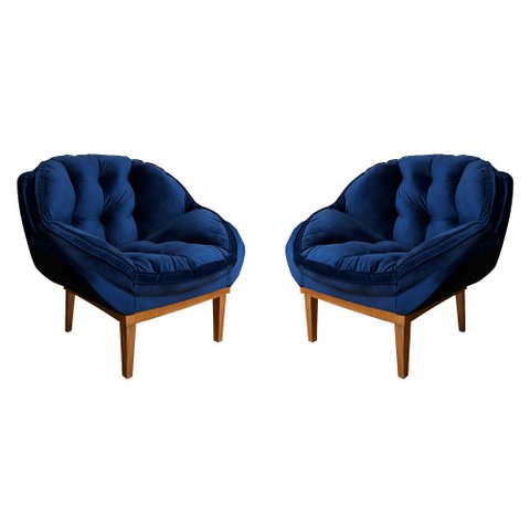 Kit 2 Poltronas Decorativa Marcela Veludo Azul Marinho Base Madeira Castanho - Pallazio