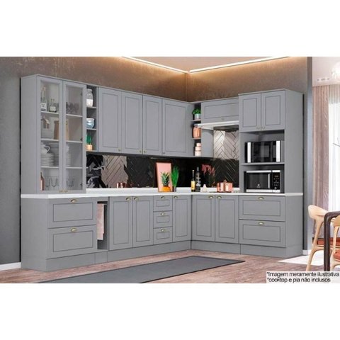 Cozinha Modulada Henn 14pçs (3 Armários + 4 Balcões + 1 Paneleiro + 6 Complementos) C14p02 Cinza