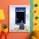 Ver imagem 1 de Quadro Decorativo Cachorro na Janela Azul 33x24cm - com Vidro:moldura Branca