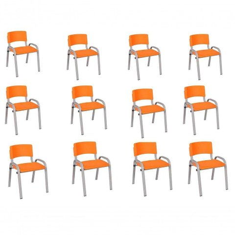 Kit 12 Cadeira Iso Infantil Creche, Base Cinza Laranja