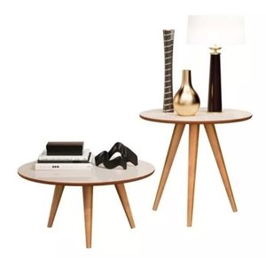 Kit 2 Mesas Mesinha de Centro e Lateral Redondas Off White/freijó