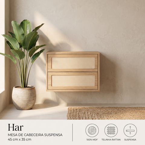 Mesa de Cabeceira Suspensa 100% MDF 2 Gavetas Har - 45 cm X 35 cm - Tauari / Telinha Rattan