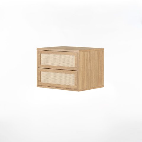 Mesa de Cabeceira Suspensa 100% MDF 2 Gavetas Har - 45 cm X 35 cm - Tauari / Telinha Rattan
