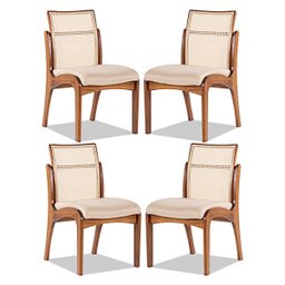Kit 4 Cadeiras para Mesa de Jantar Lisboa com Encosto Rattan Madeira Maciça Linho Bege M58 RMI - 1